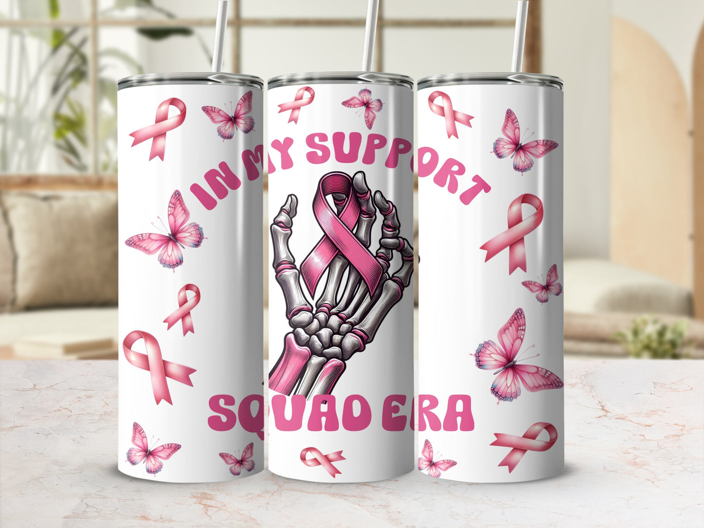 Tumbler with pink ribbon, skeleton hand, and butterflies, reading "In My Support Squad Era".