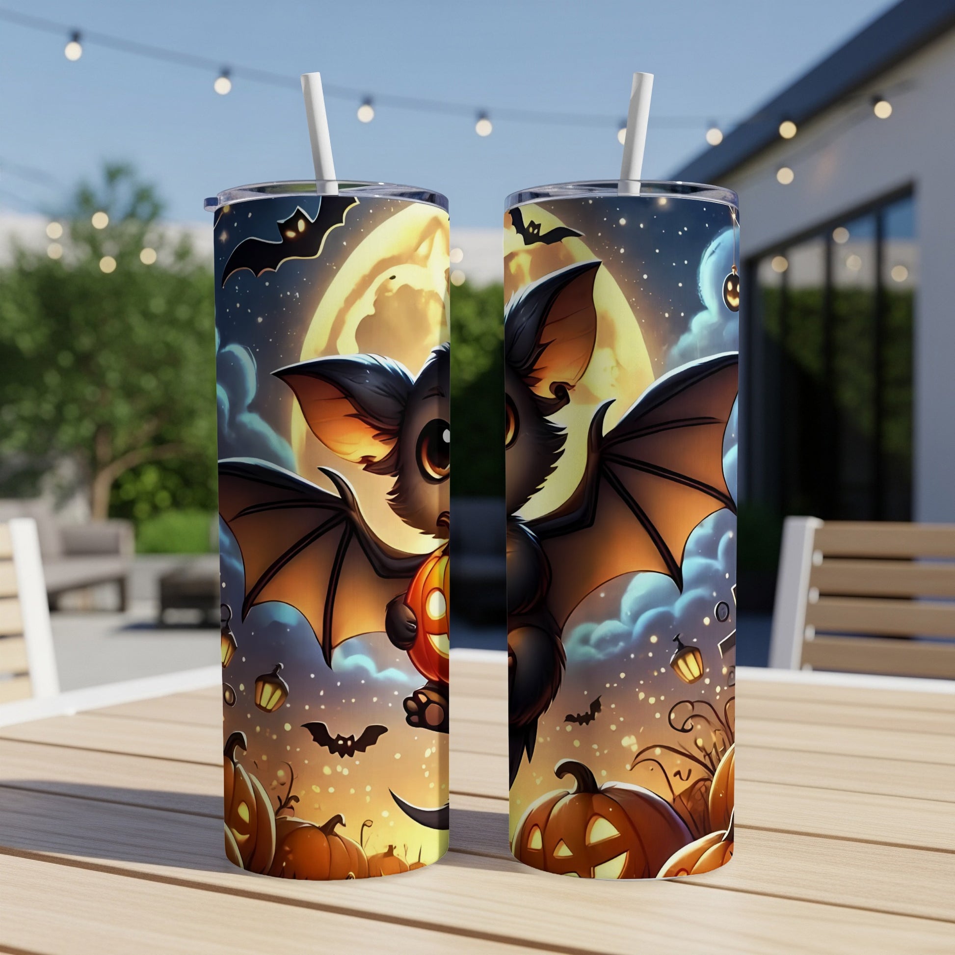 Two tumblers with a cute bat holding a pumpkin, against a Halloween night scene.