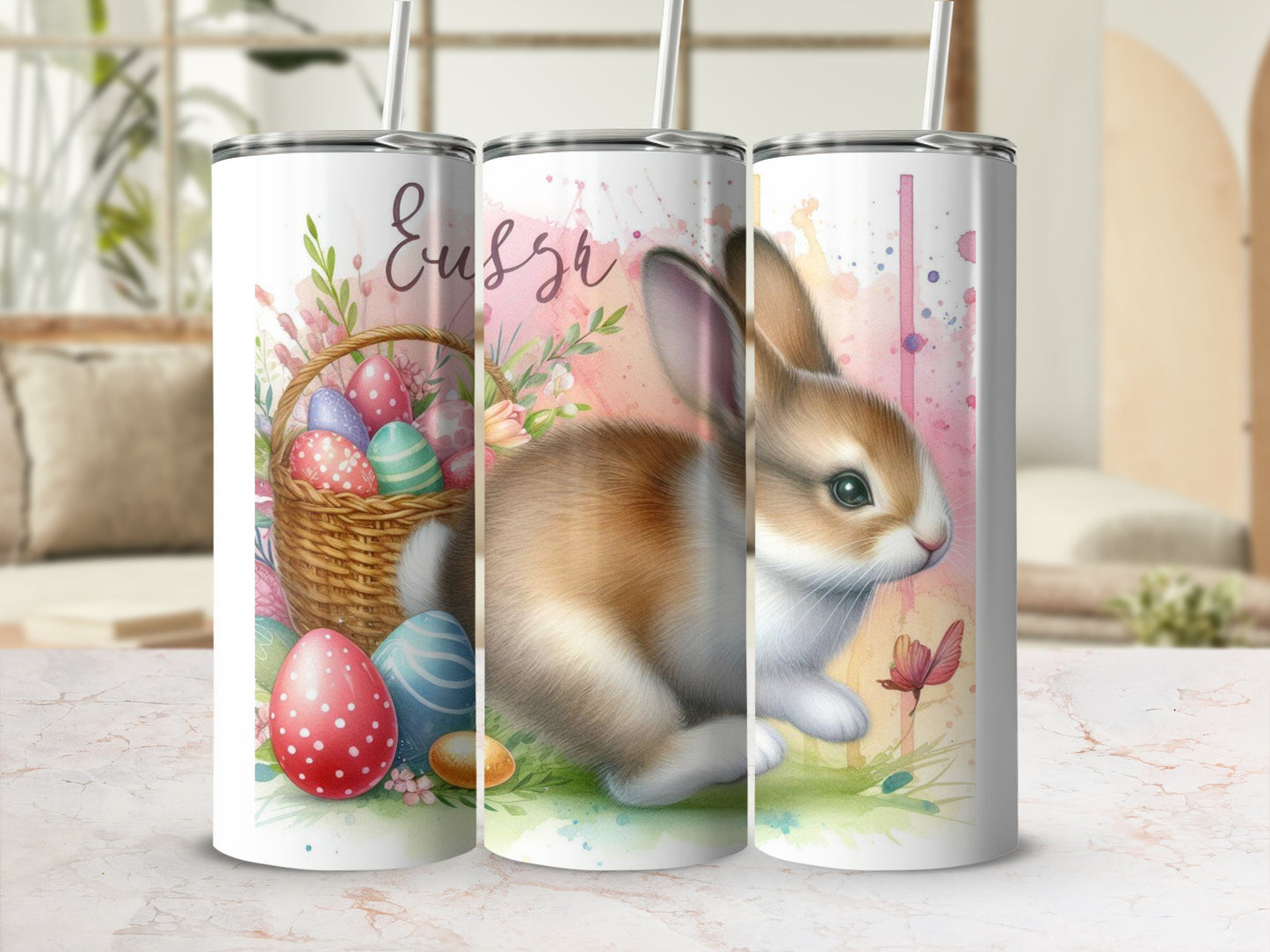 Easter bunny with colorful eggs and a basket on a tumbler.
