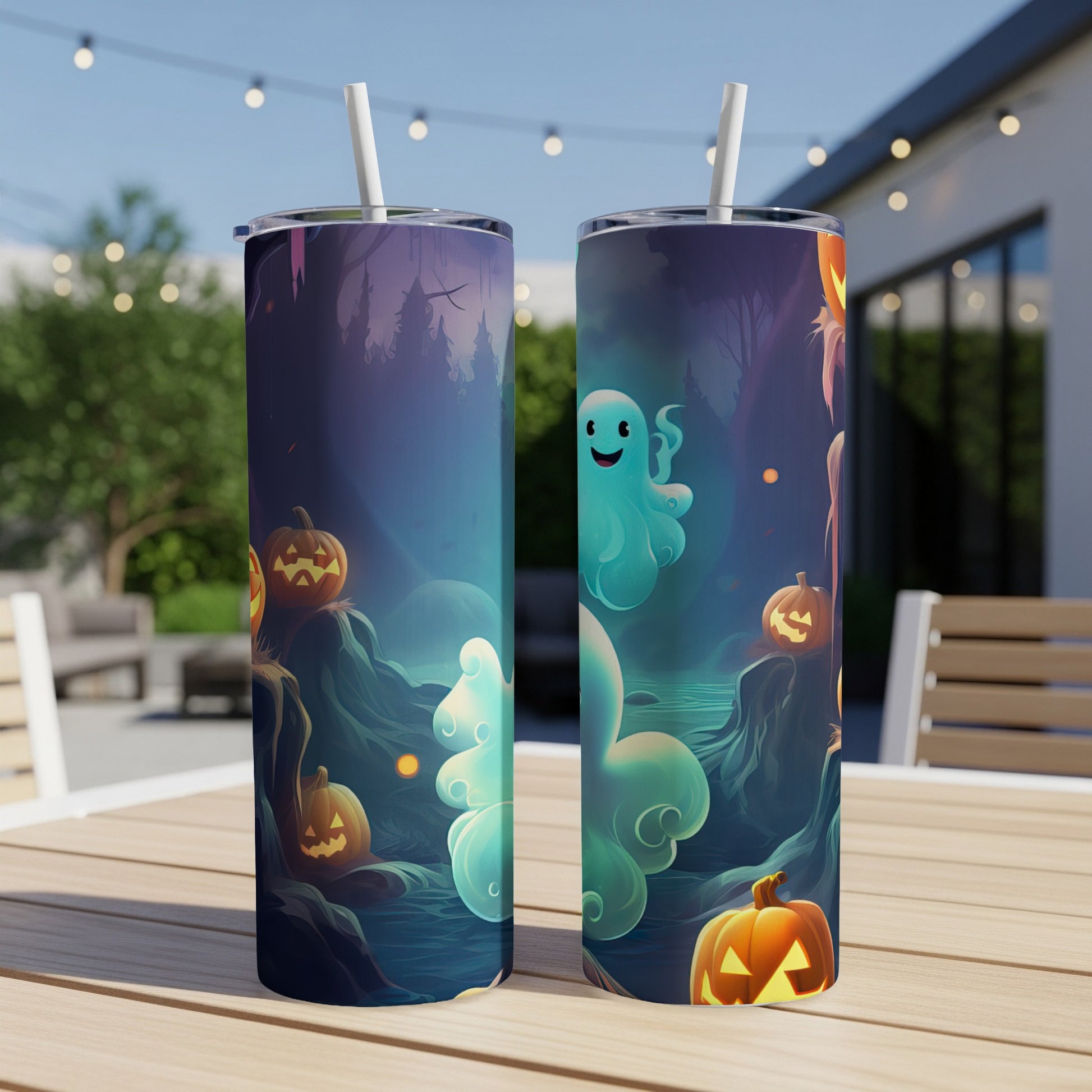 Two tumblers with a Halloween design of ghosts and jack-o'-lanterns in a spooky forest scene.