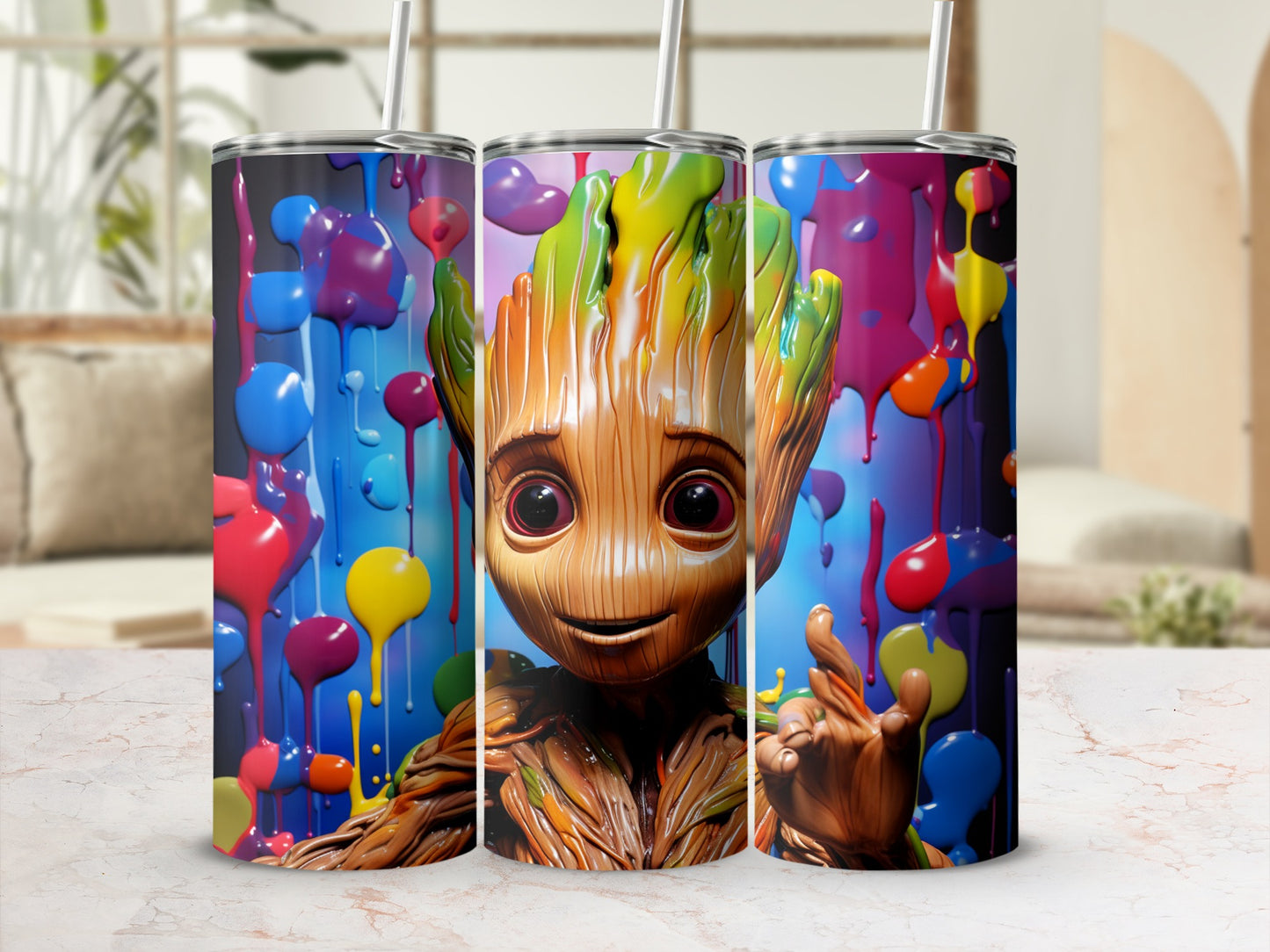 Colorful Groot Art with Dripping Paints Tumbler