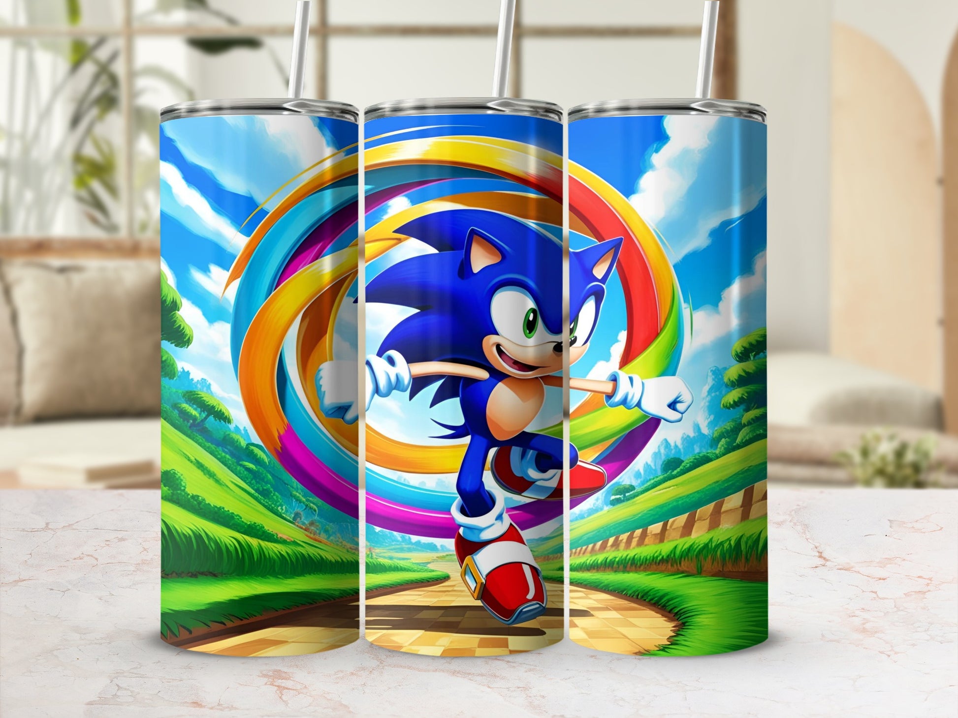 Sonic the Hedgehog running through a colorful vortex on a tumbler.