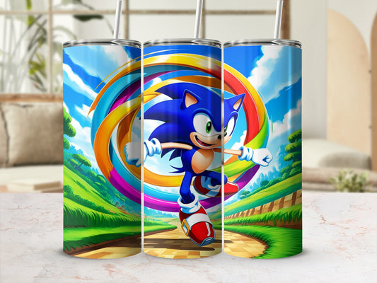 Sonic the Hedgehog running through a colorful vortex on a tumbler.
