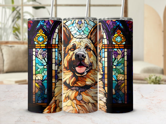 German Shepherd dog portrait on stained glass tumbler with straw.