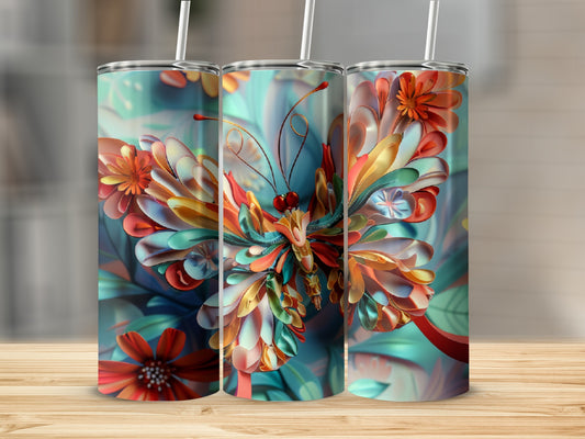 Three tumblers decorated with colorful ribbon butterflies and floral elements.