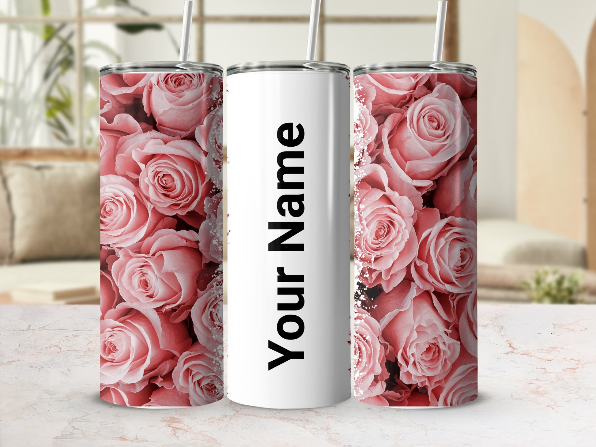 Customizable Rose Pattern Tumbler with Your Name