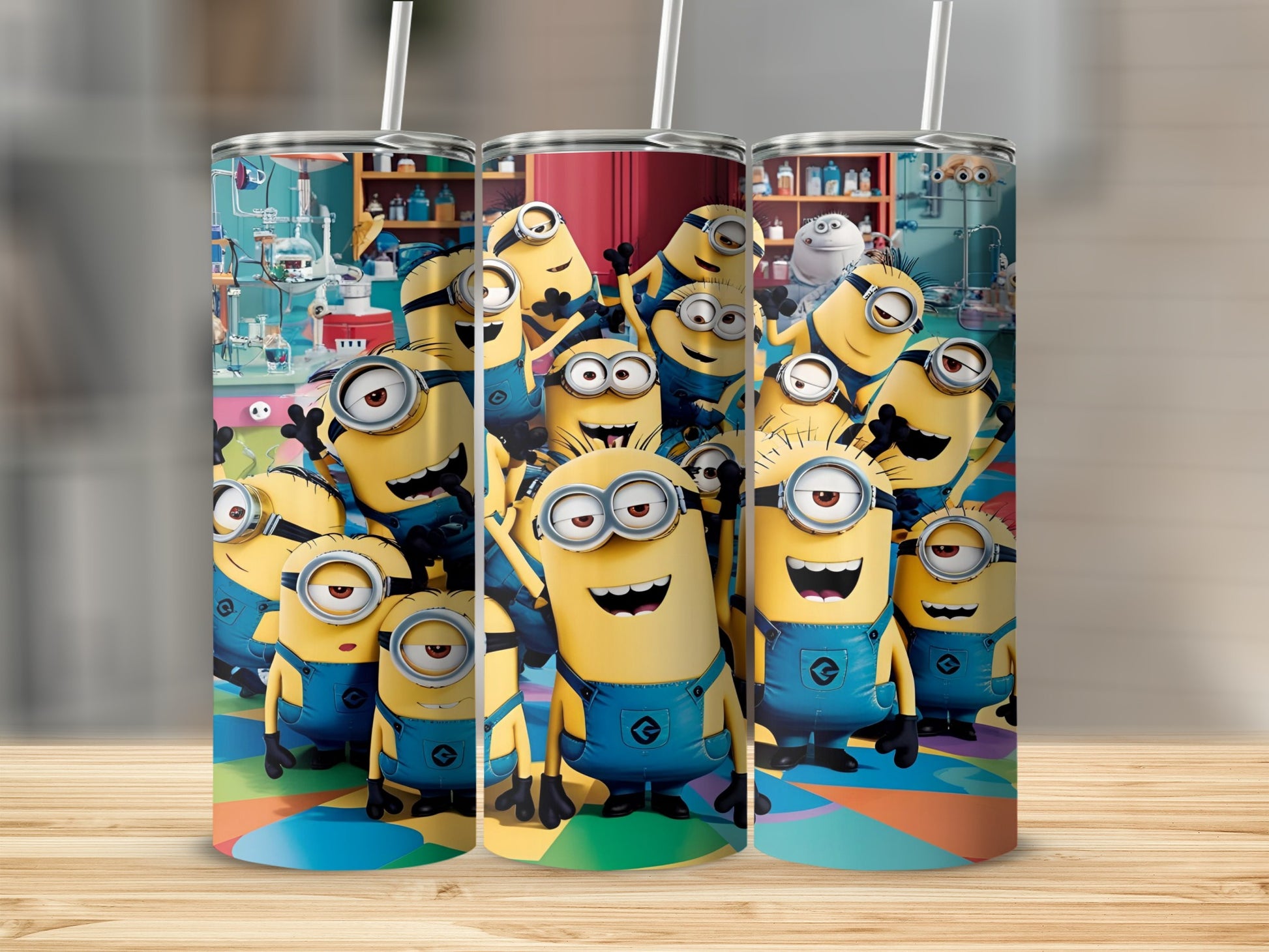 Minions characters in a laboratory setting on a colorful background.