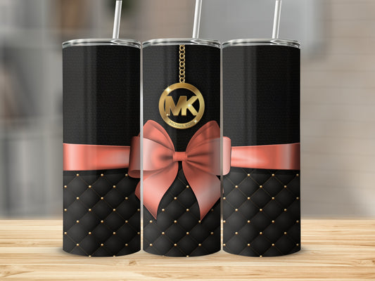 Elegant Black Tumbler with Red Bow and Gold Emblem Design