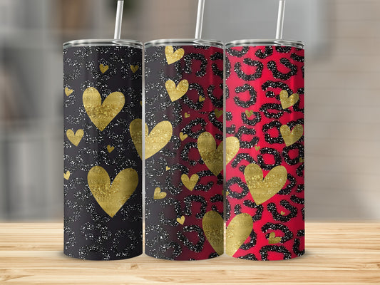 Glittery Gold Hearts and Leopard Print Tumbler Design