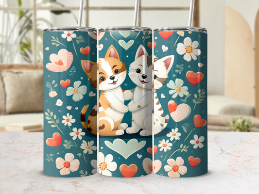 Two stylized cats with floral and heart pattern on teal background.