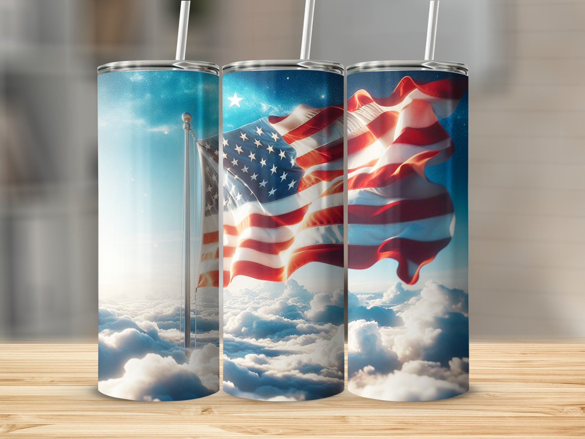 American flag waving over clouds, two tumblers shown.