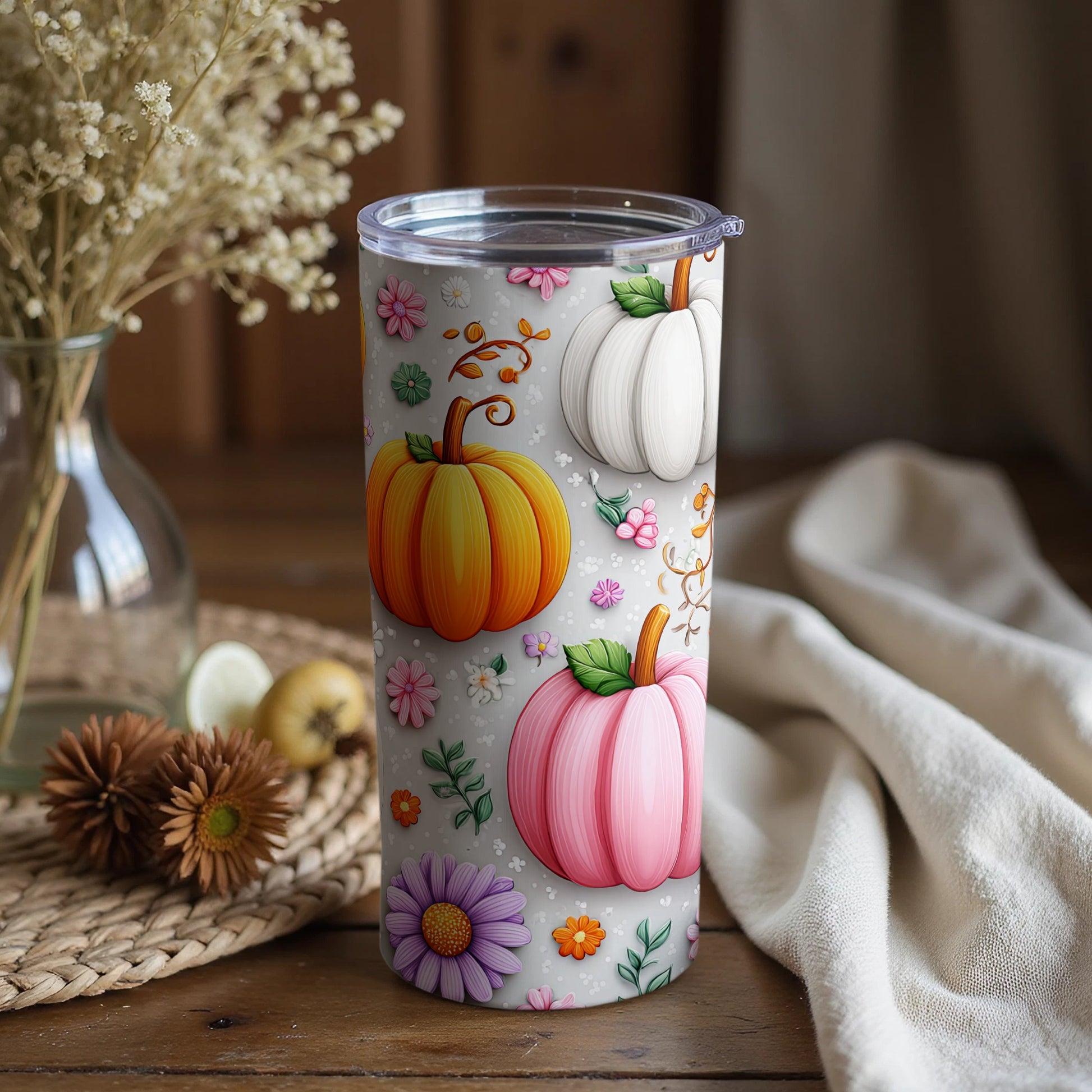 Colorful Pumpkins and Flowers Tumbler Cup
