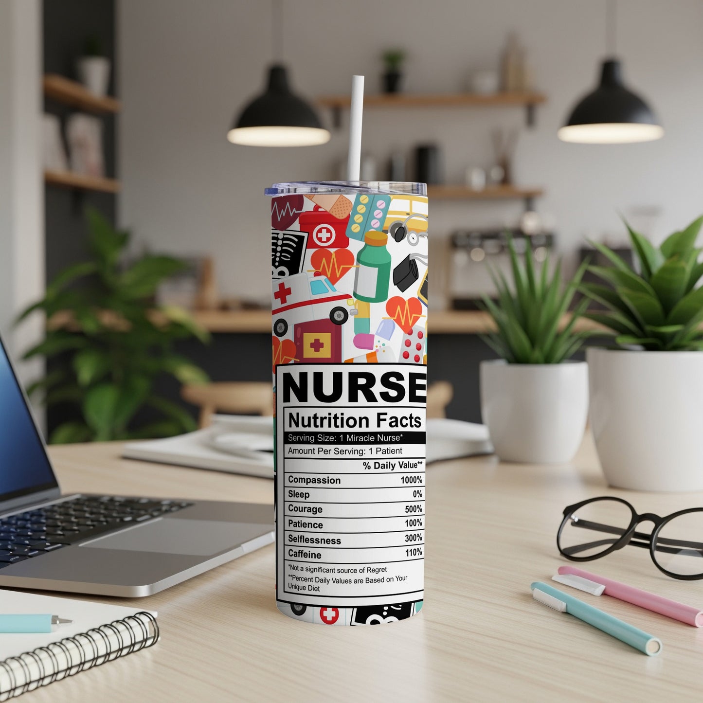 Nurse-themed tumbler with "Nutrition Facts" label and medical icons.