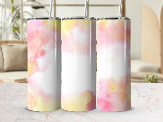 Three tumblers with pink and yellow watercolor splashes and white centers.