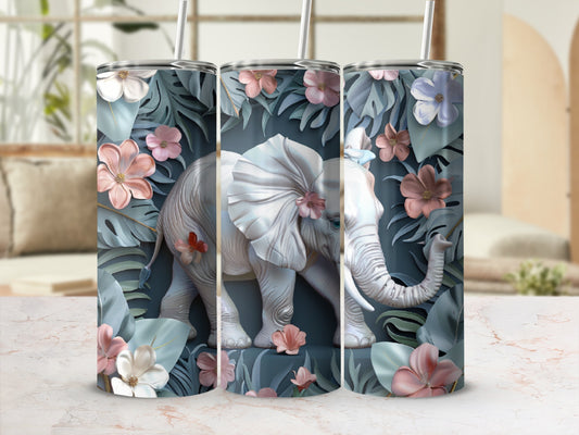 White elephant design on tumbler surrounded by tropical foliage and flowers.