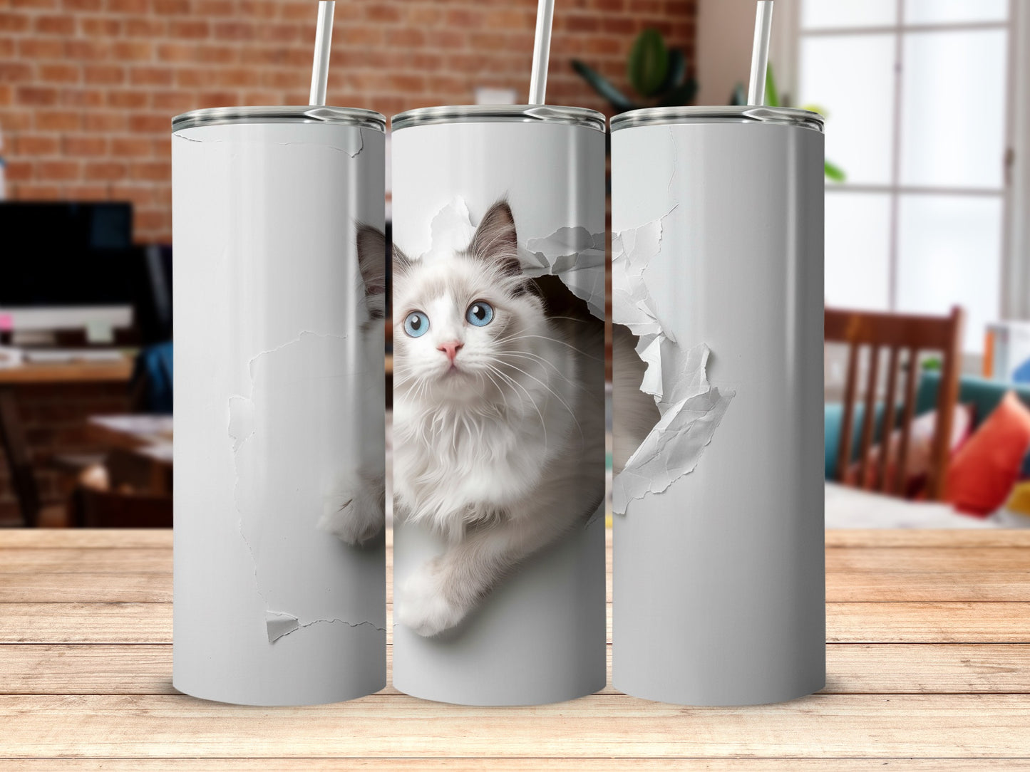 Adorable white cat peeking design tumbler product type