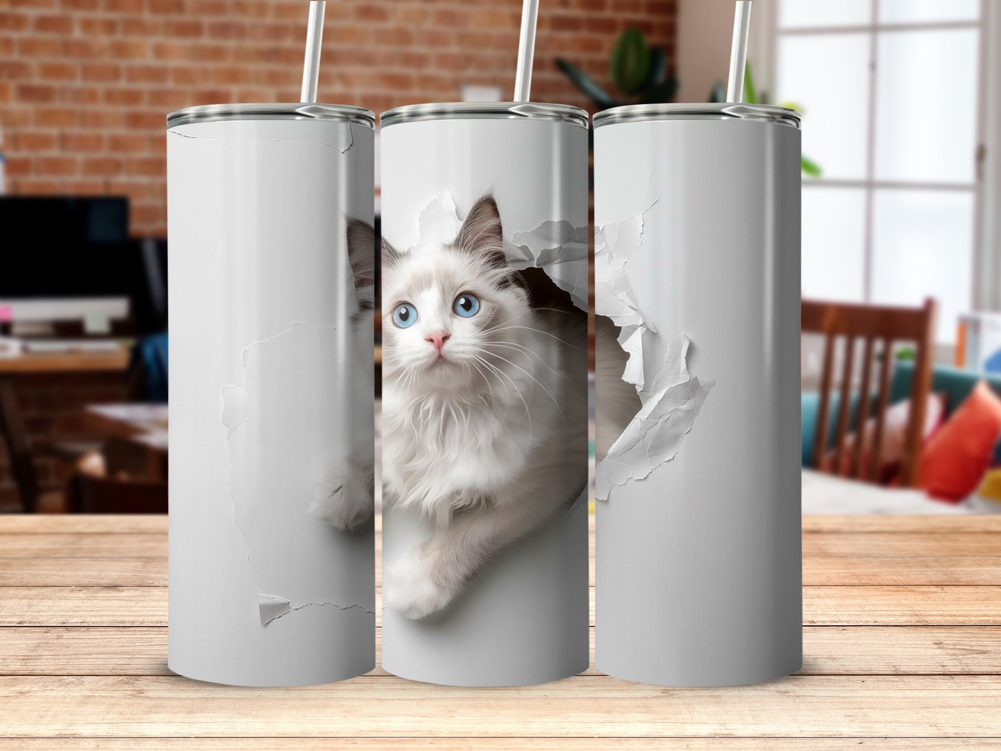 Adorable white cat peeking design tumbler product type