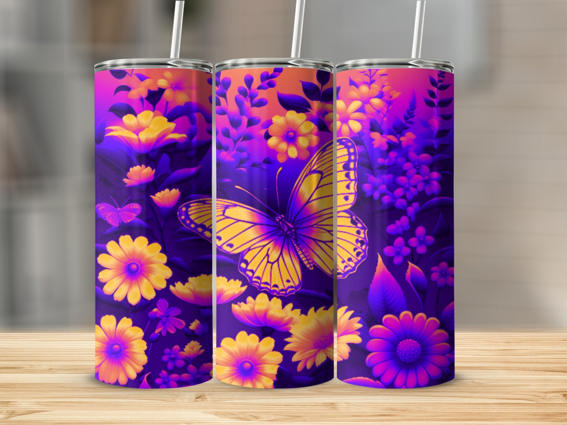 Purple and yellow floral pattern with butterflies on three tumblers.