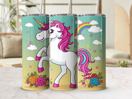 Unicorn with rainbow and flowers on teal gradient tumbler.