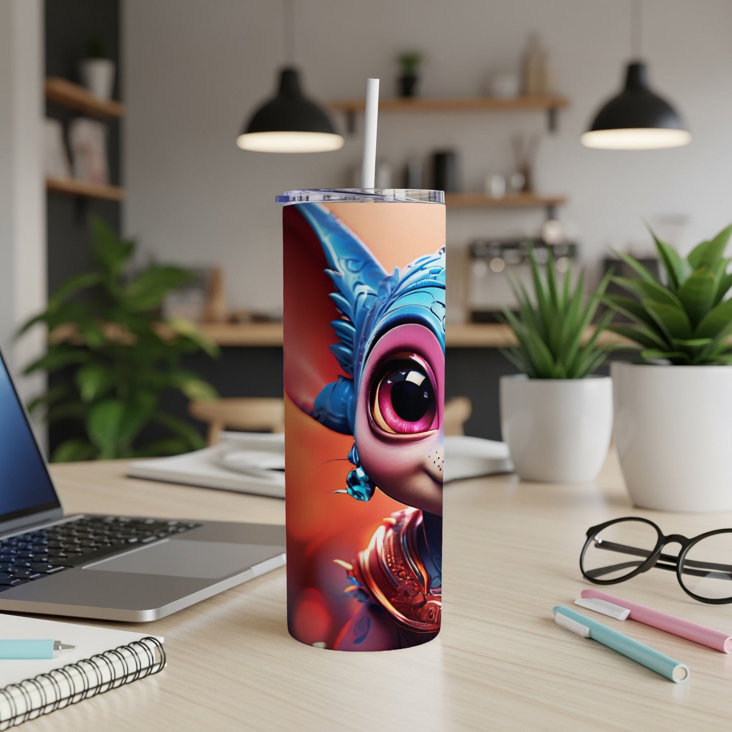 Cartoon cat creature with big eyes on a skinny tumbler.