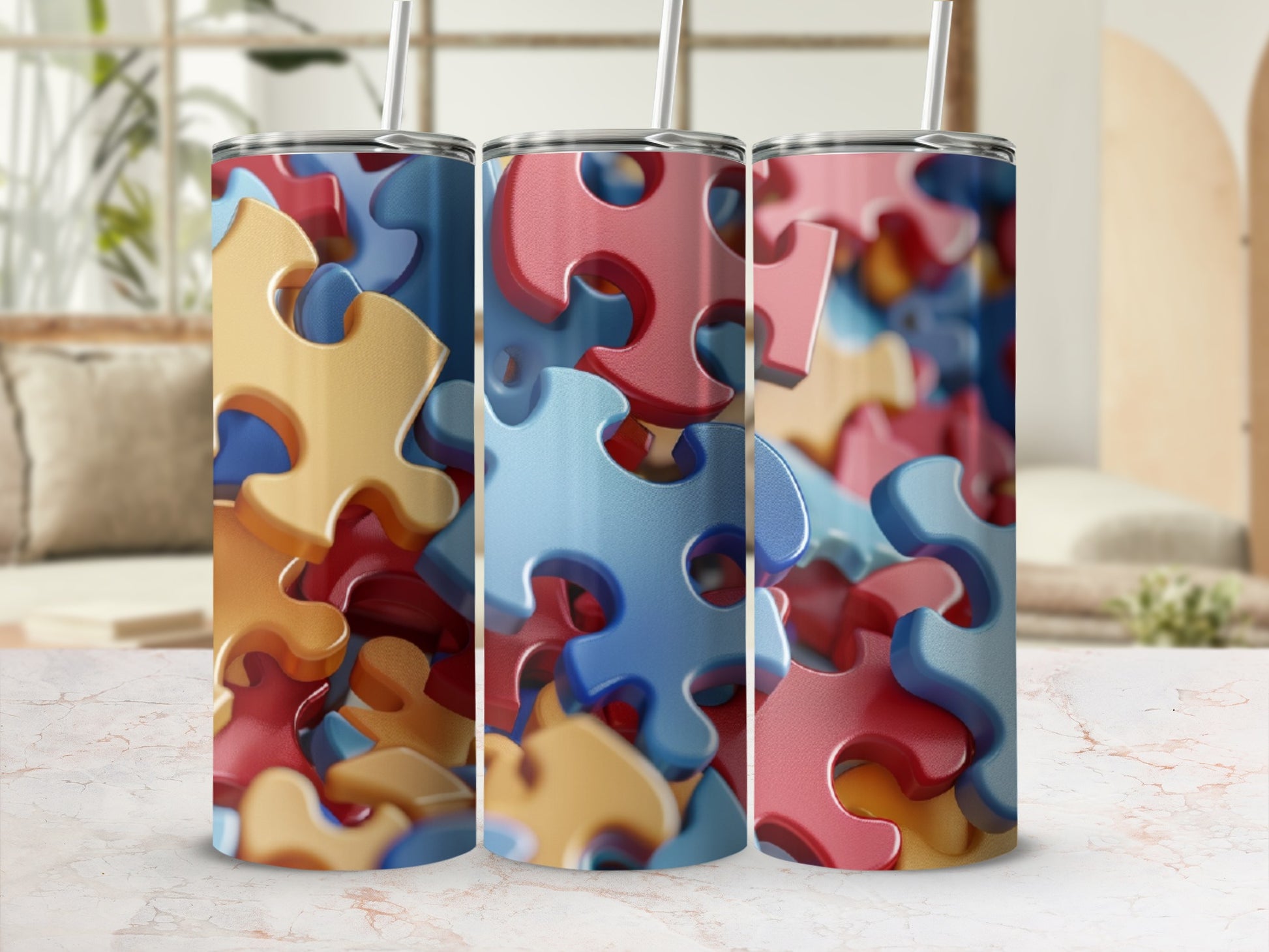 Three tumblers decorated with colorful puzzle pieces, on a marbled countertop.