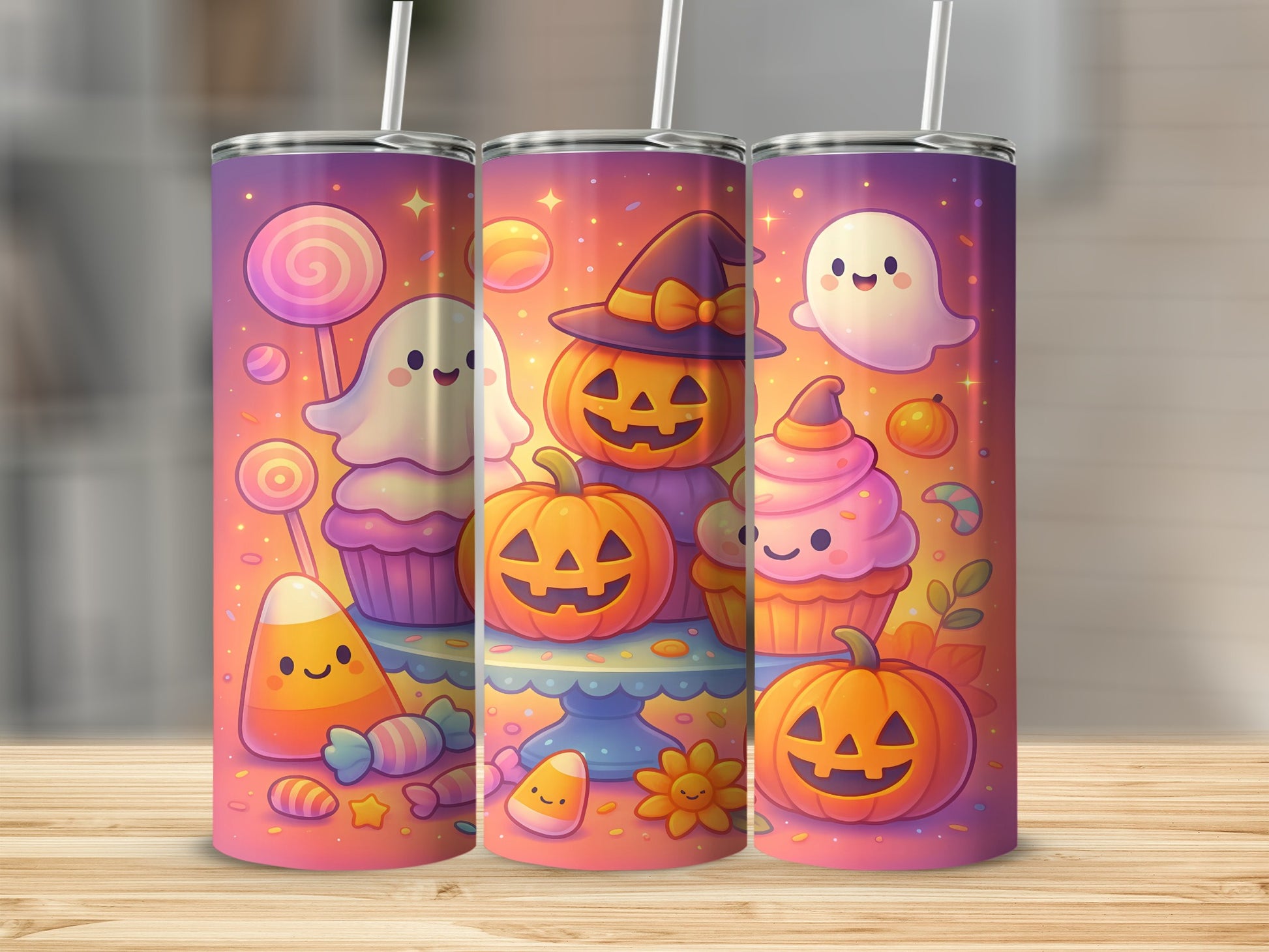 Three tumblers with cute Halloween designs featuring pumpkins, ghosts, and candy.