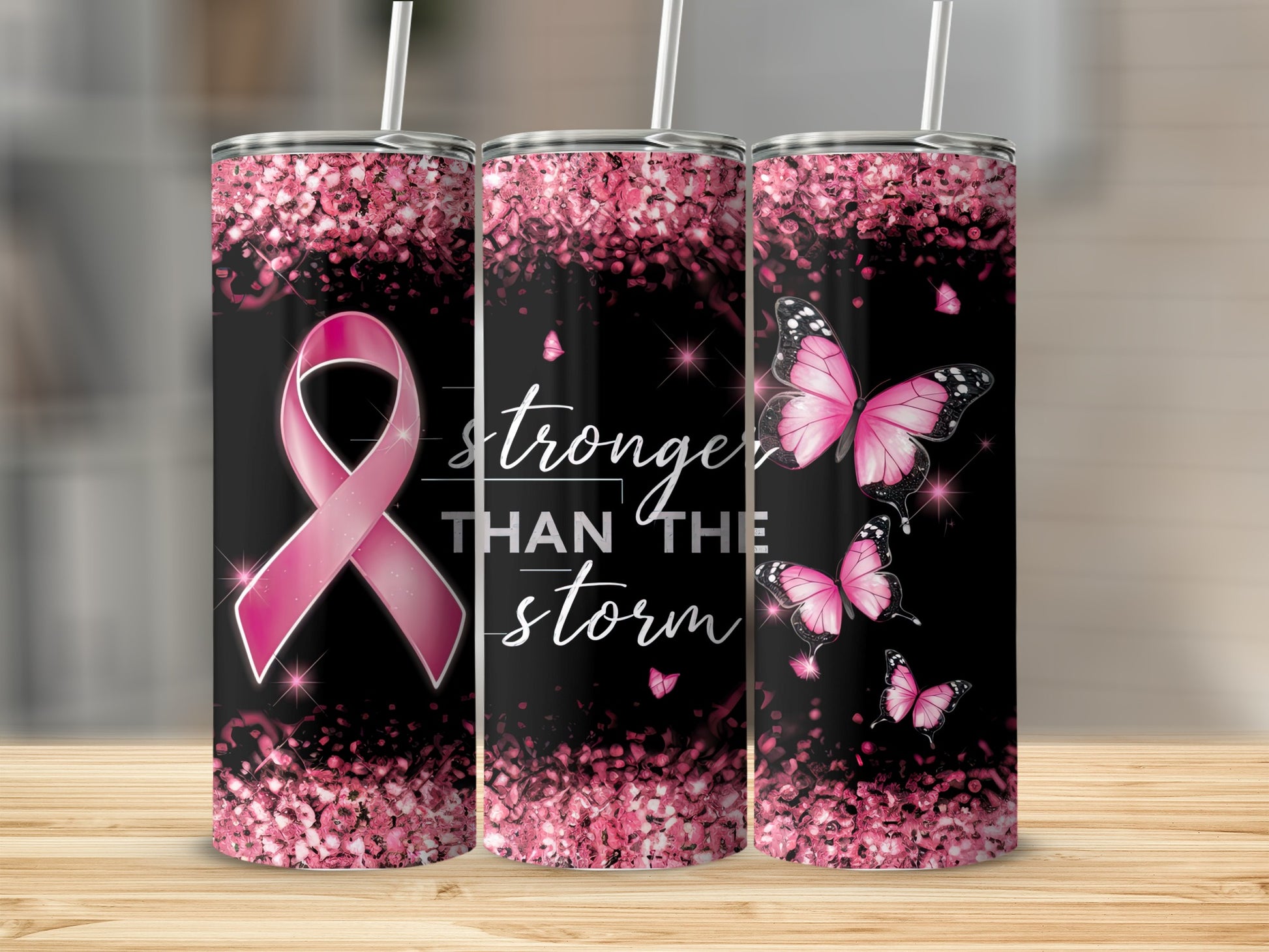 Pink breast cancer ribbon and butterflies on a sparkly tumbler.