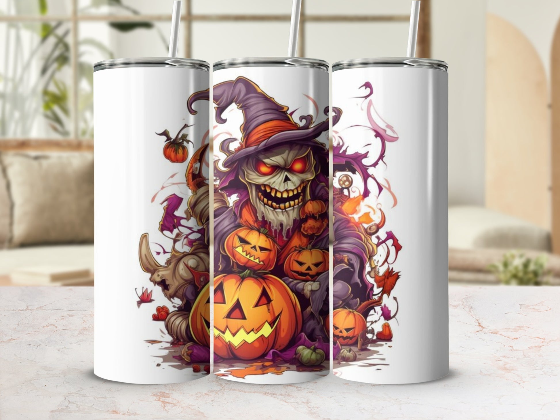 Three white tumblers featuring a spooky Halloween skeleton in a witch hat surrounded by pumpkins.
