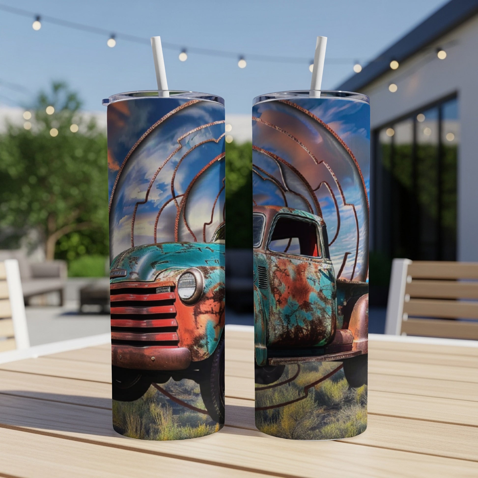 Vintage teal and orange distressed pickup truck on a tumbler.