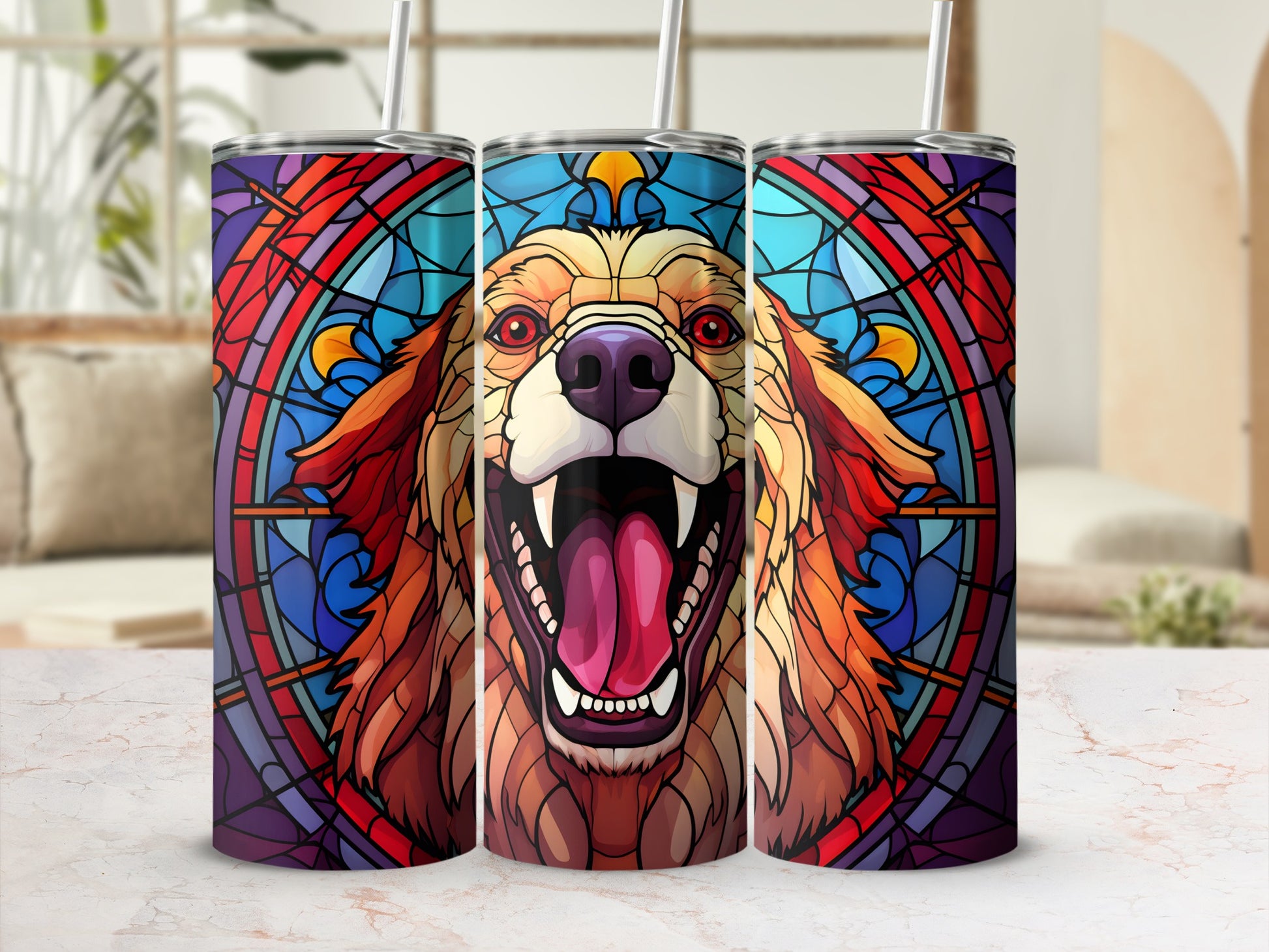 Three tumblers feature a golden retriever's face in stained glass style.