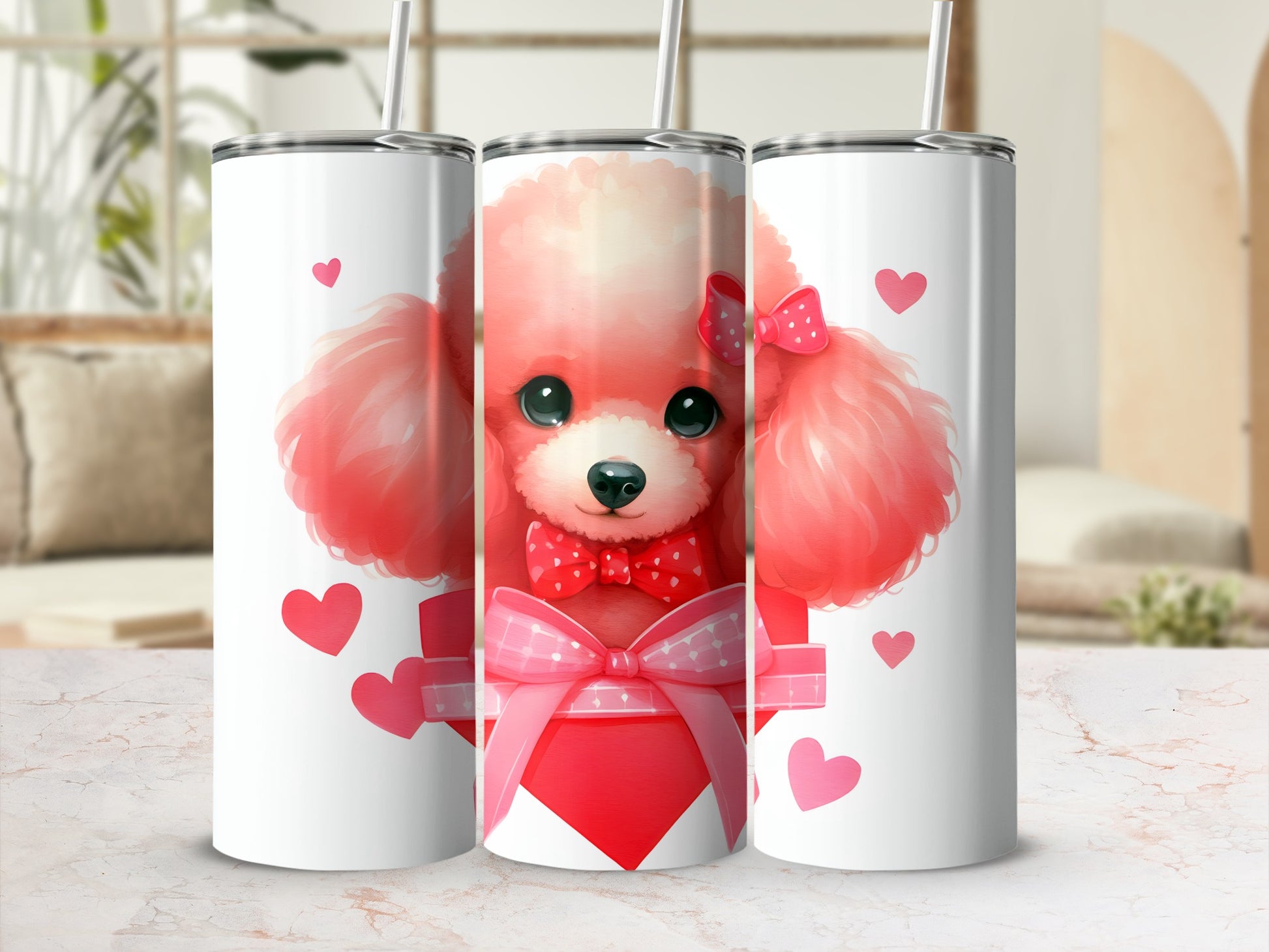 Pink poodle with bow and hearts on a tumbler.