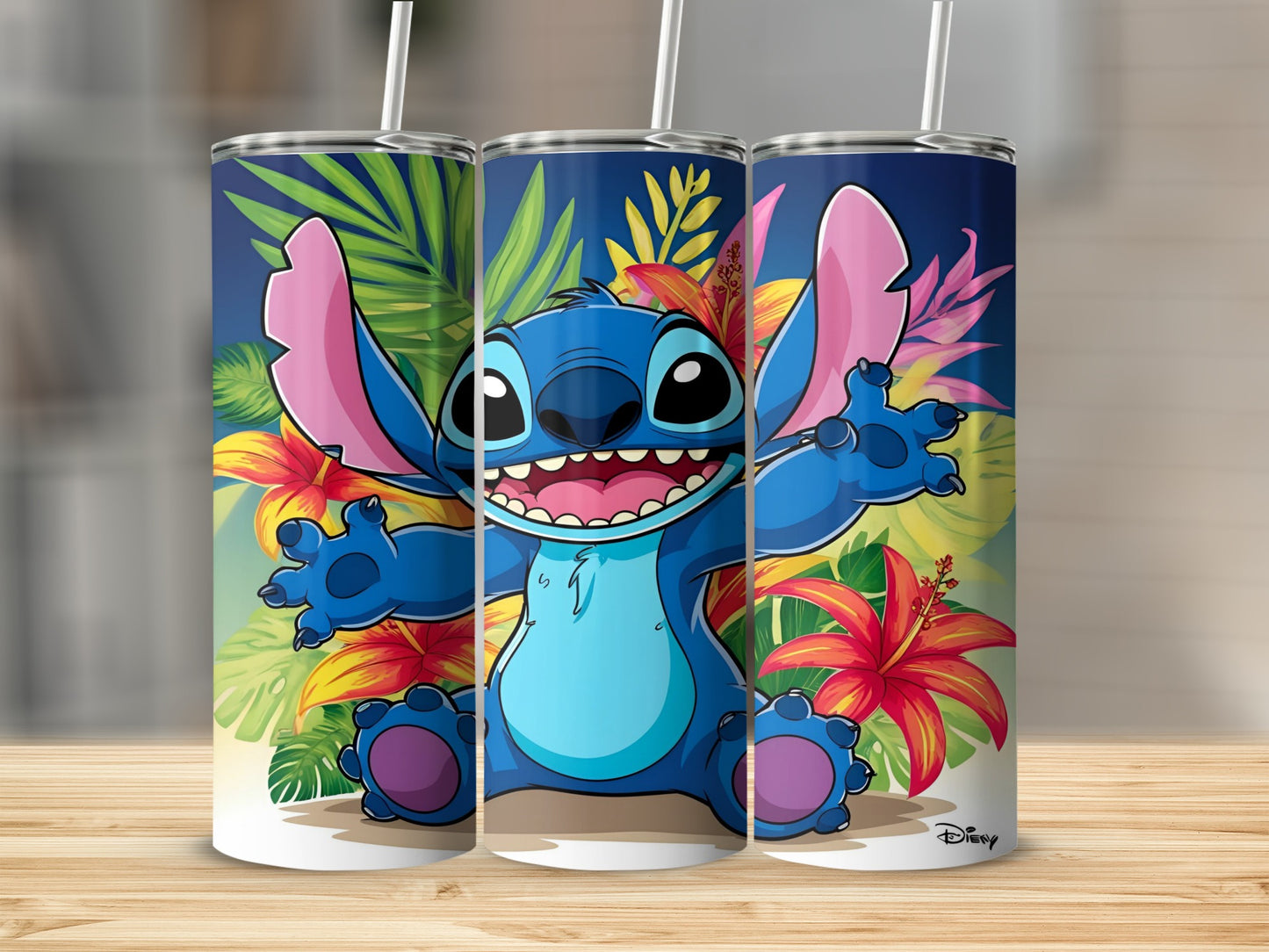 Stitch character with tropical flowers on a skinny tumbler.