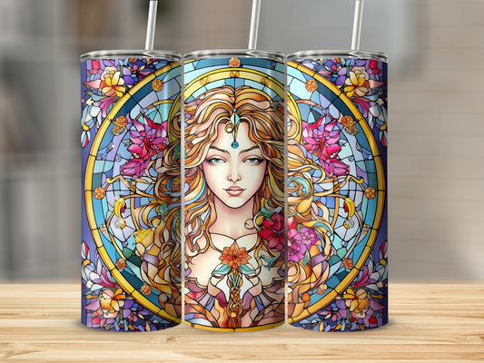 Three tumblers with stained glass art of a woman with flowing hair and floral accents.