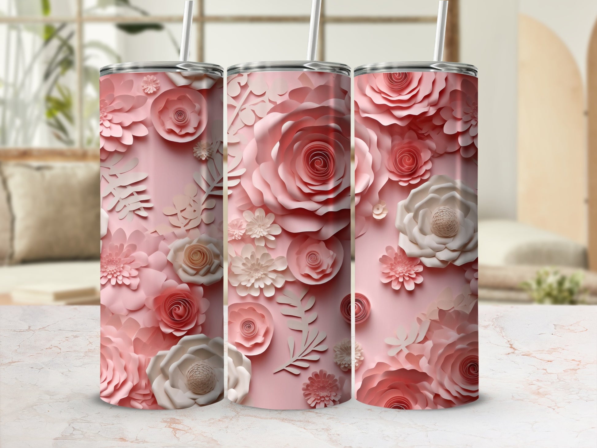Elegant Pink and White Floral Design Tumbler