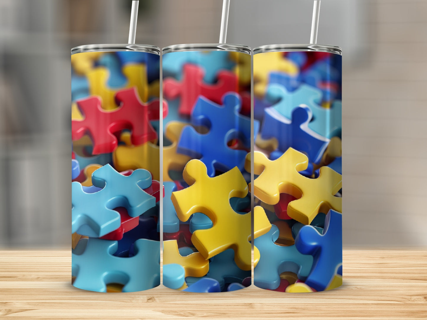 Three tumblers with a colorful puzzle piece design.