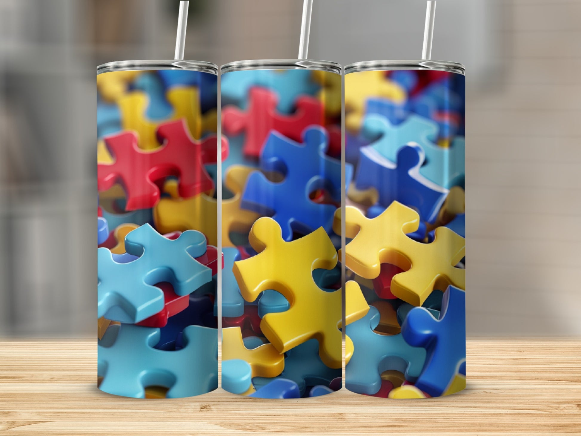 Three tumblers with a colorful puzzle piece design.