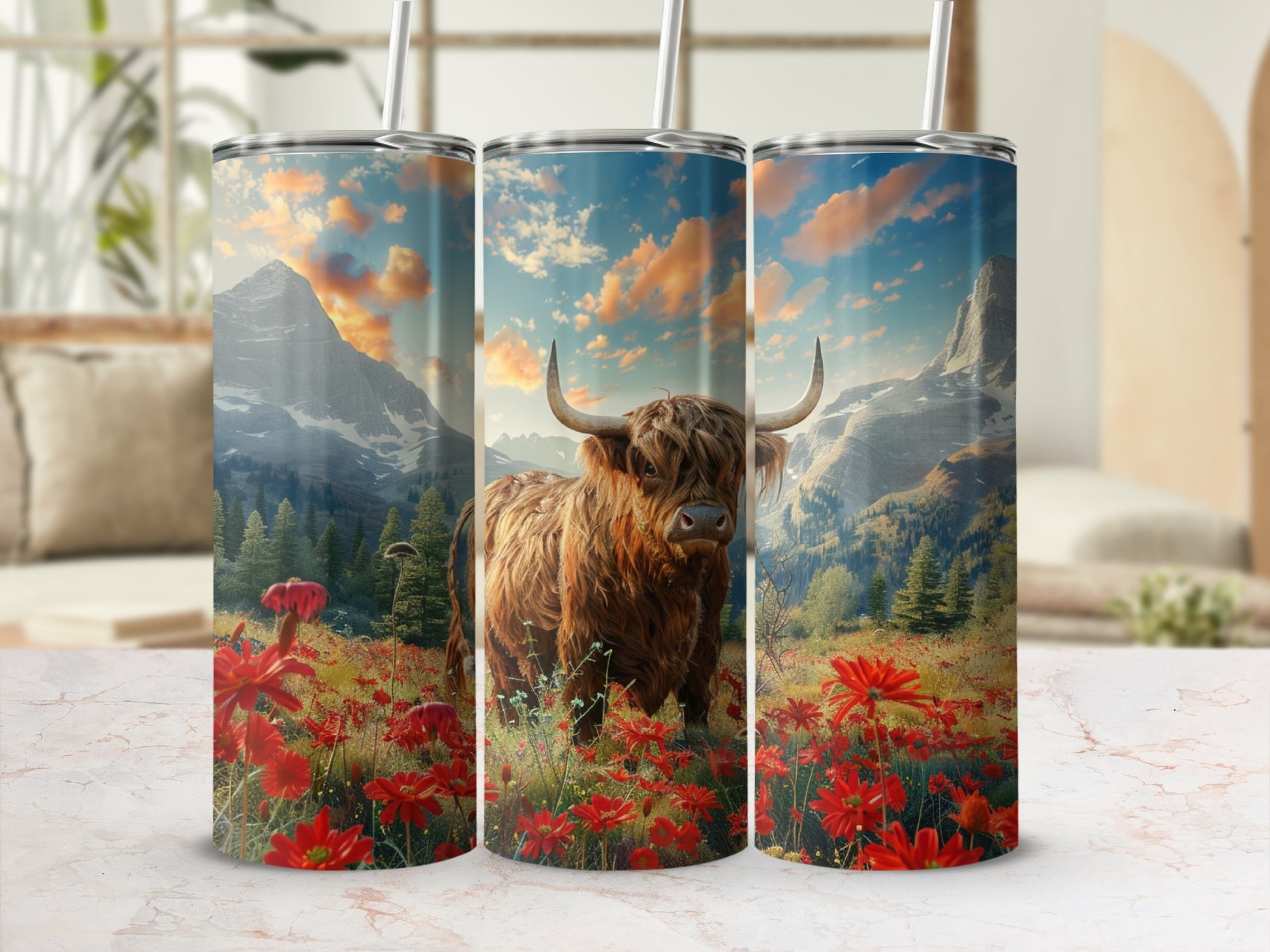 Highland cow standing in a field of red flowers with mountains.