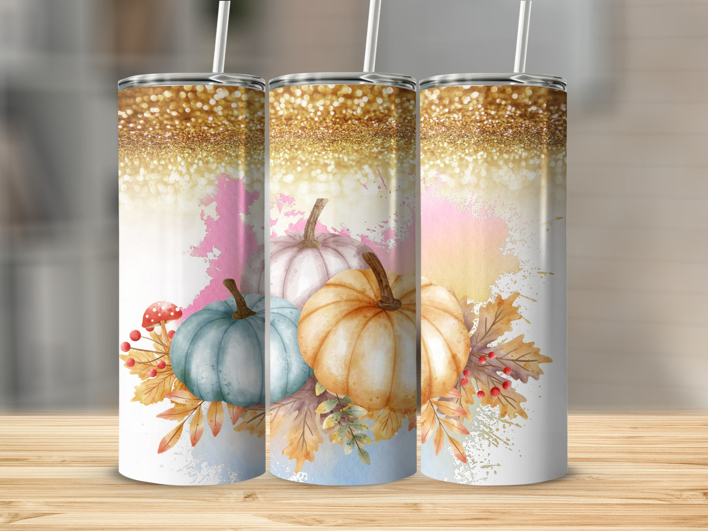 Autumn Pumpkins and Leaves Glitter Tumbler Product