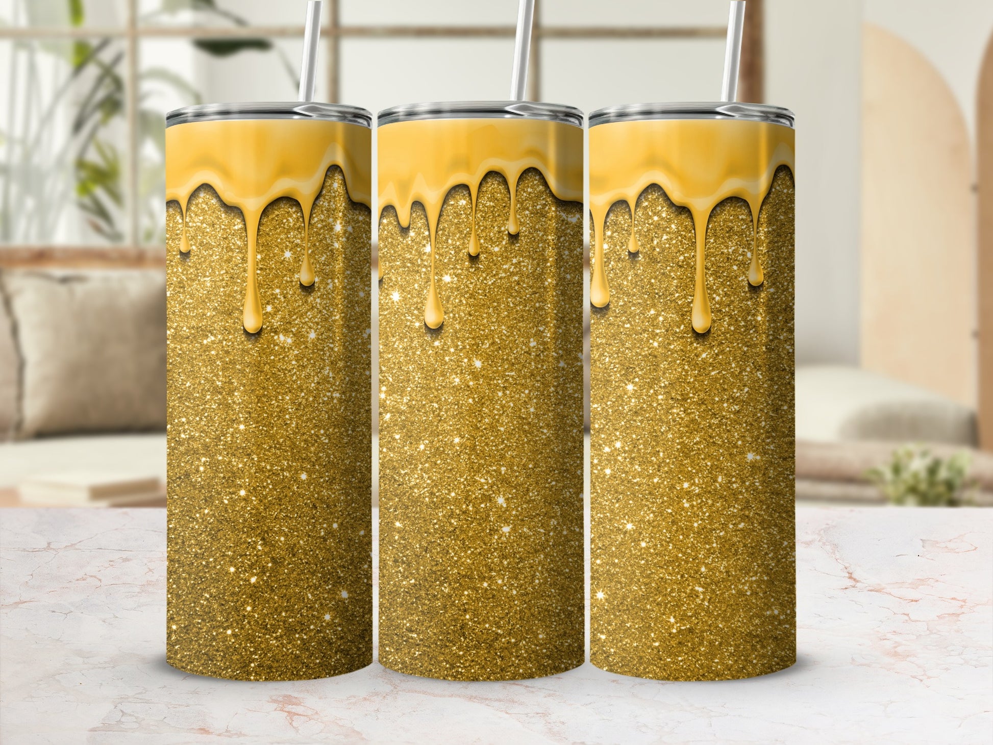 Glittery Gold and Yellow Drip Tumbler Flask