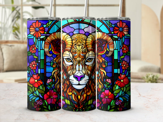 Stained glass tumbler with Aries zodiac symbol and floral accents.