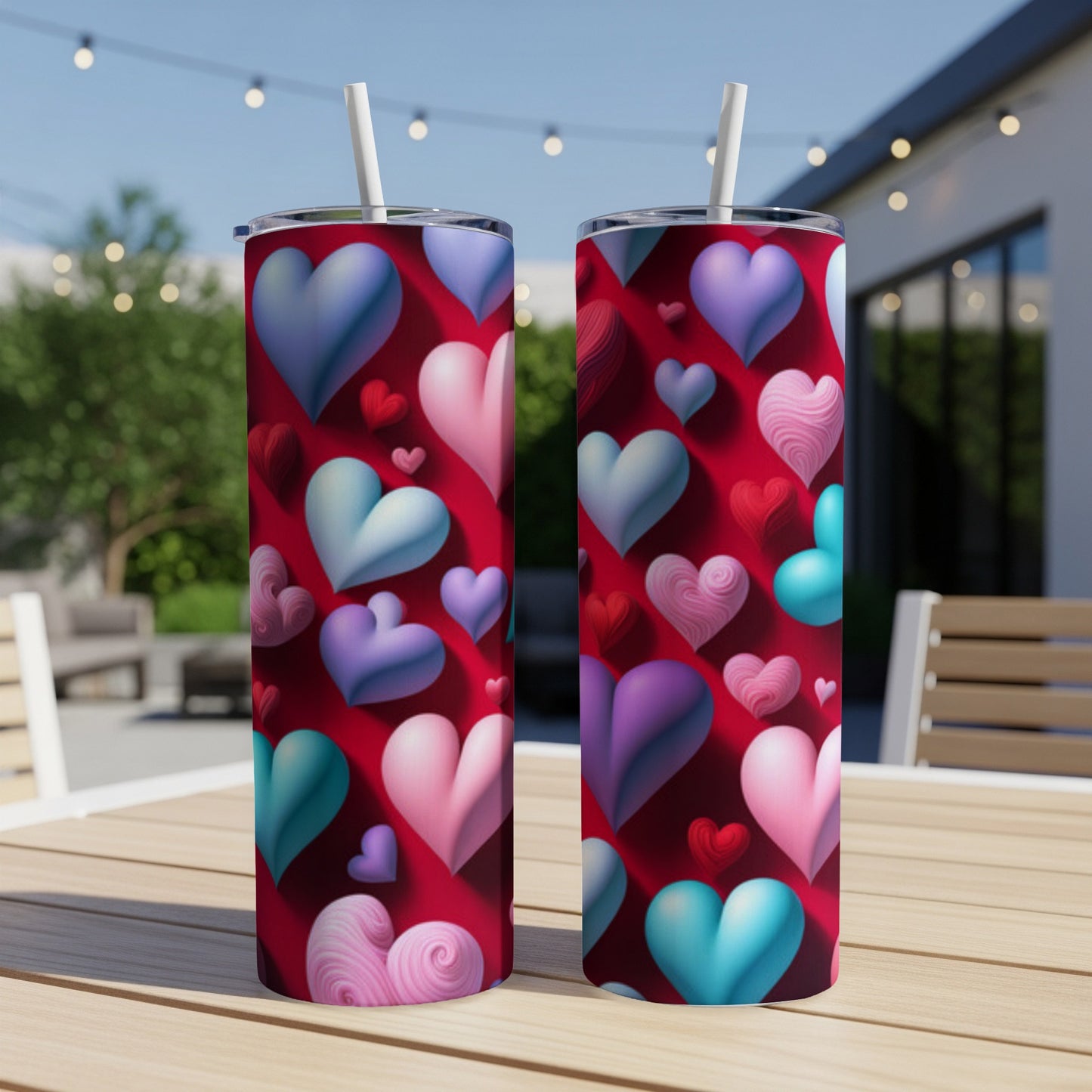 Two red tumblers with colorful heart patterns sit on a table outdoors.