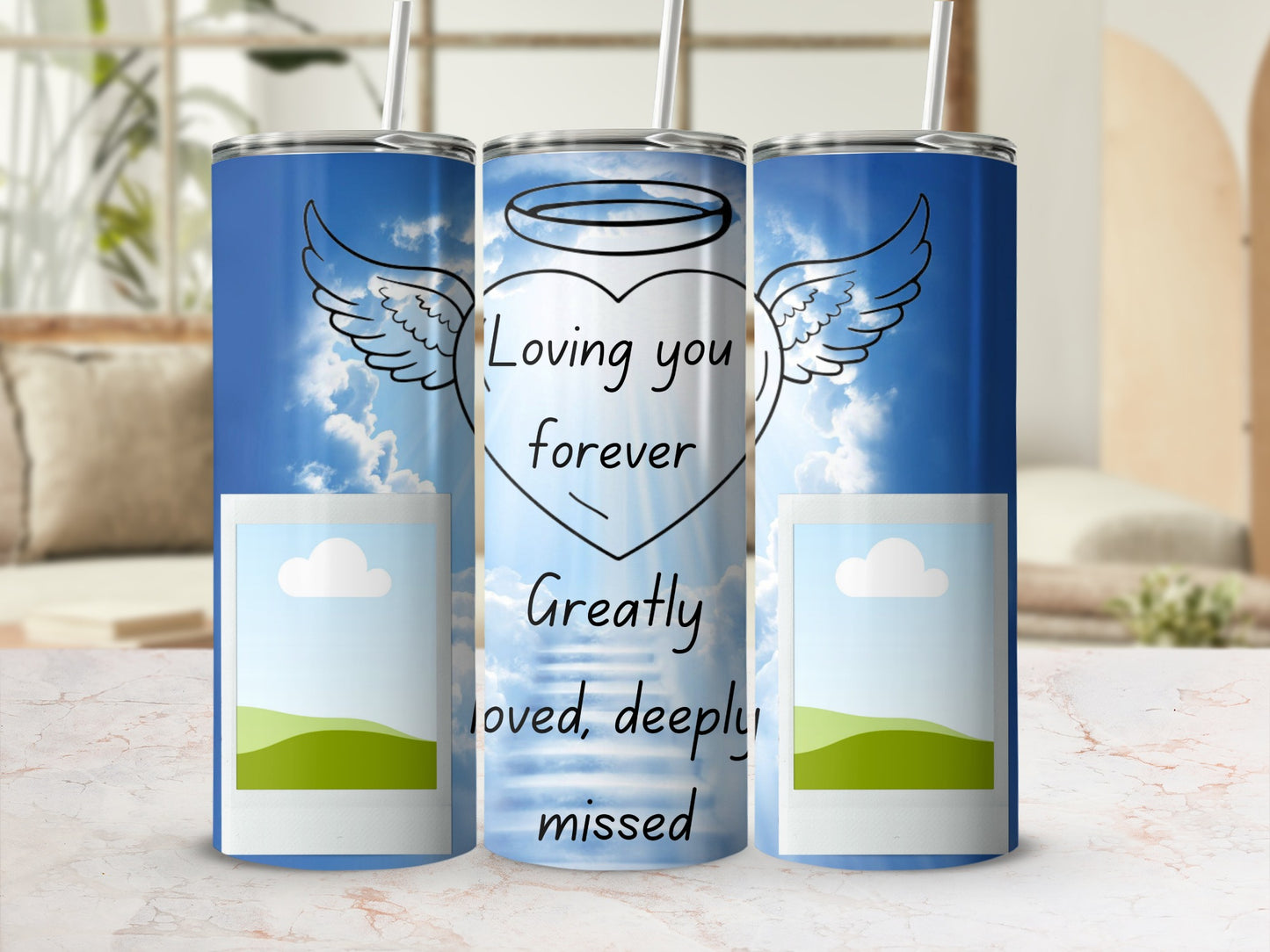 Tumbler with angel wings, halo, heart, and text "Loving you forever."