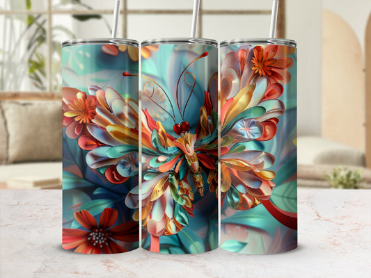 Three tumblers featuring colorful, layered butterfly and floral designs.