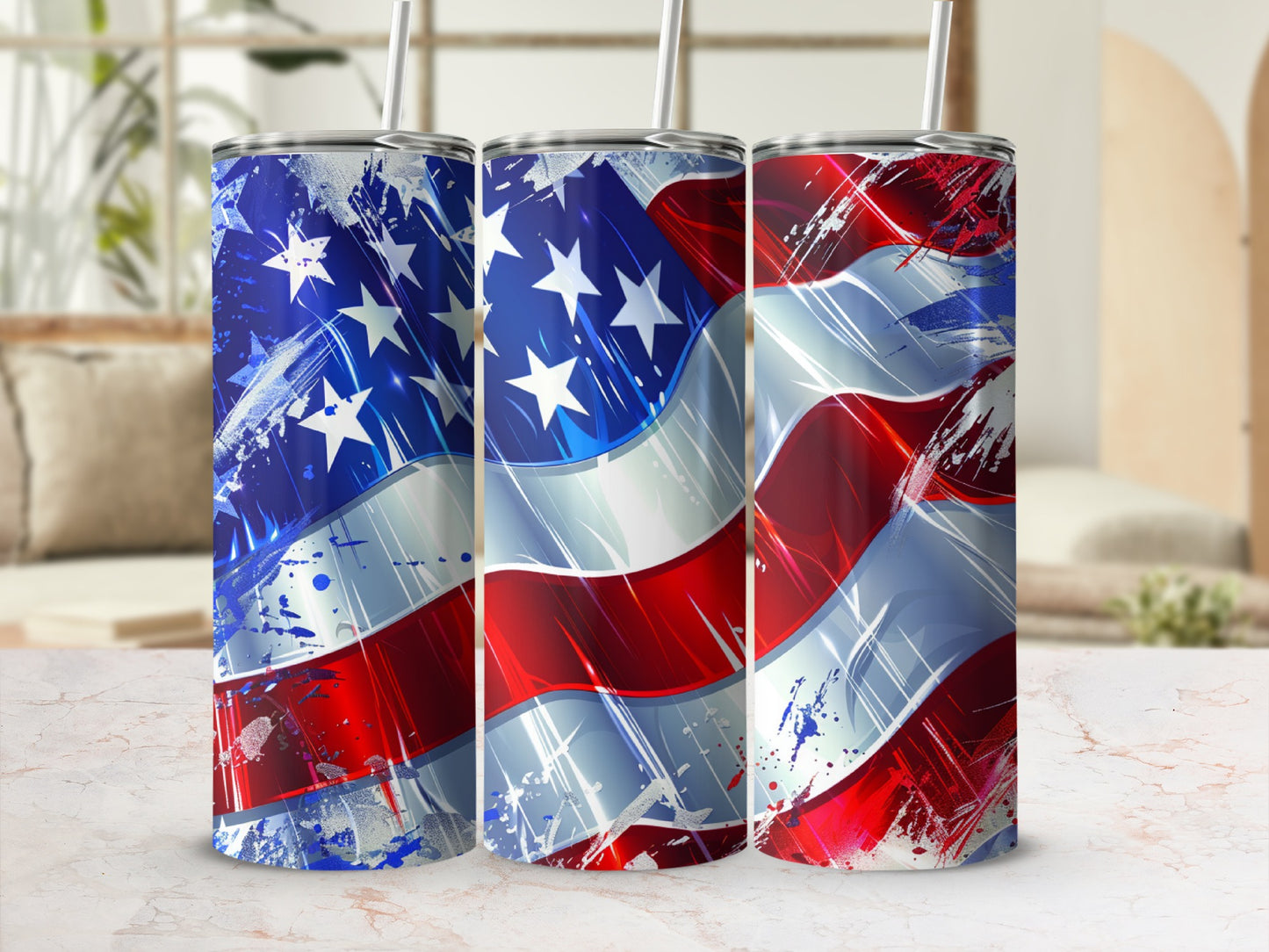 USA flag tumbler with straw, distressed red, white, and blue design.
