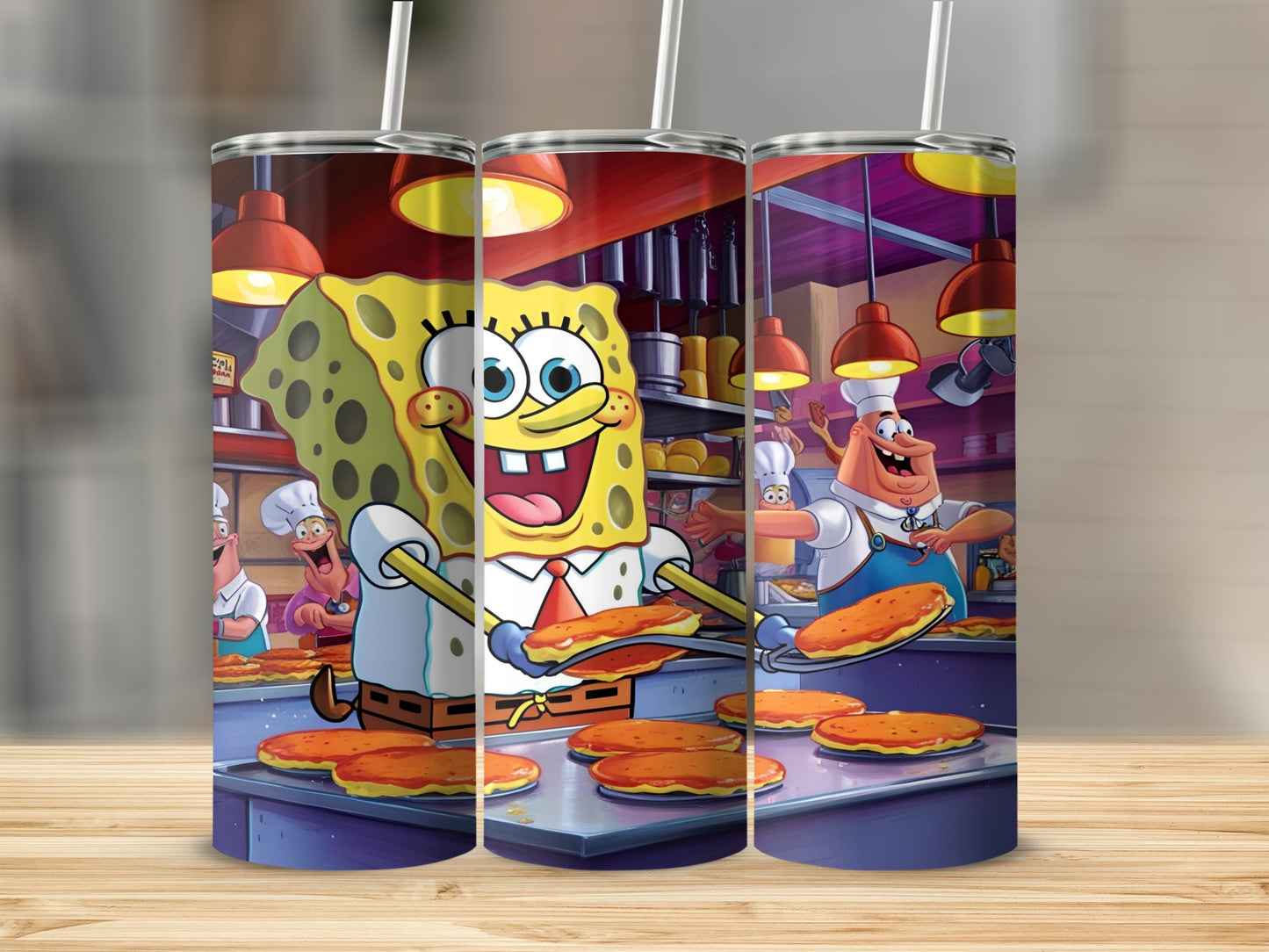 SpongeBob SquarePants holding Krabby Patties in a kitchen.
