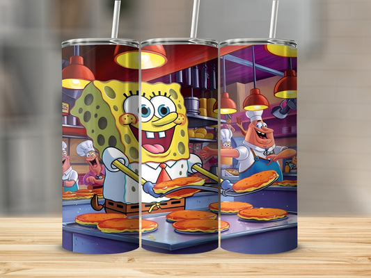 SpongeBob SquarePants holding Krabby Patties in a kitchen.