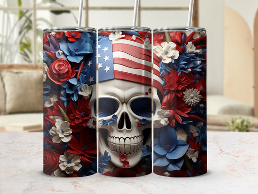 Skull tumbler with US flag bandana and patriotic floral accents.
