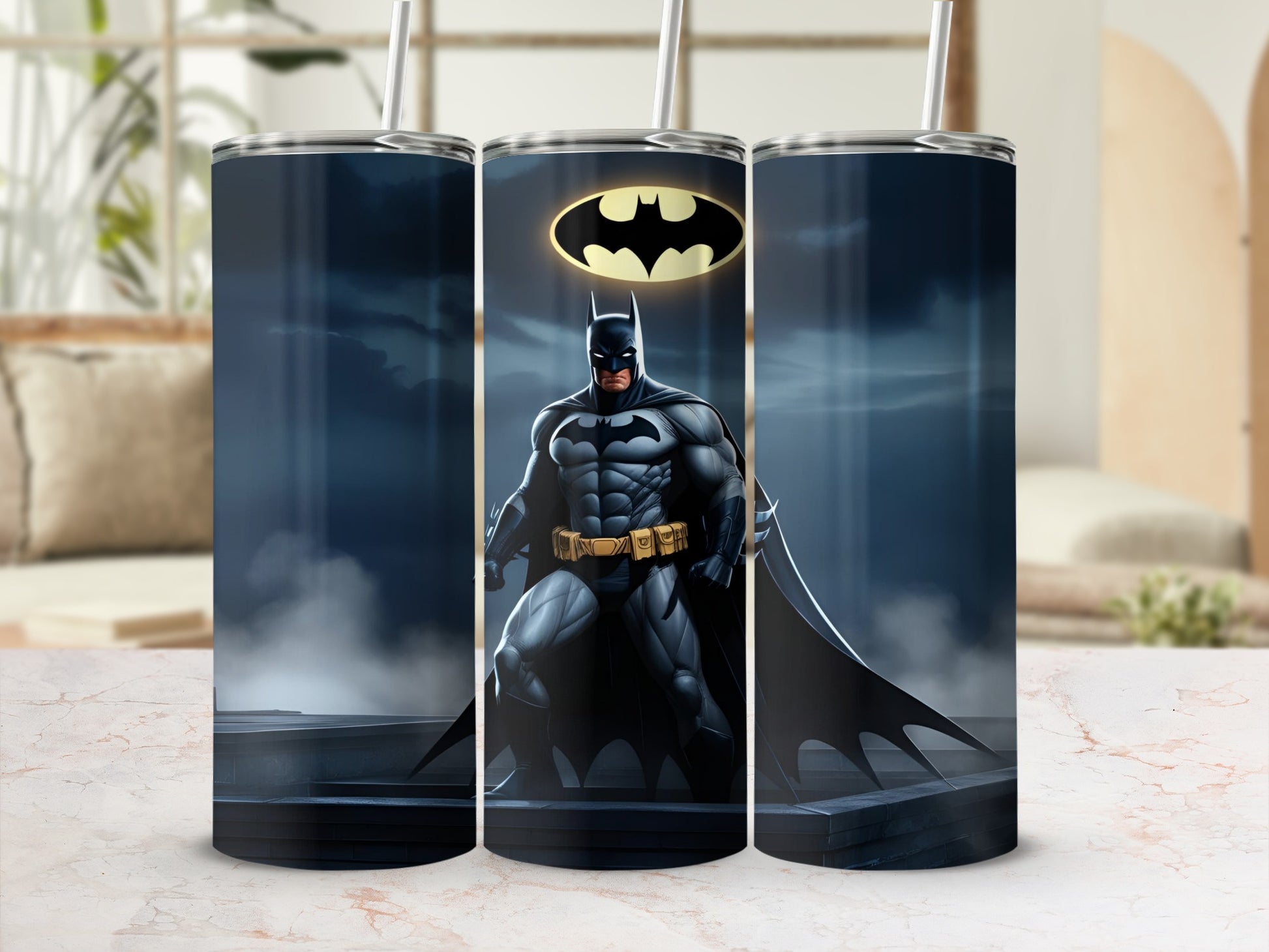Batman standing heroically with his logo above.