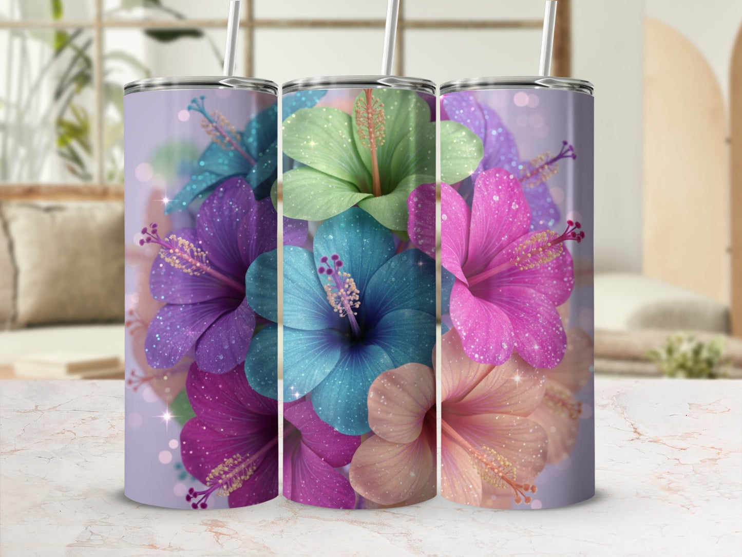 Vibrant Floral Glitter Design Tumbler Cups for Everyday Use