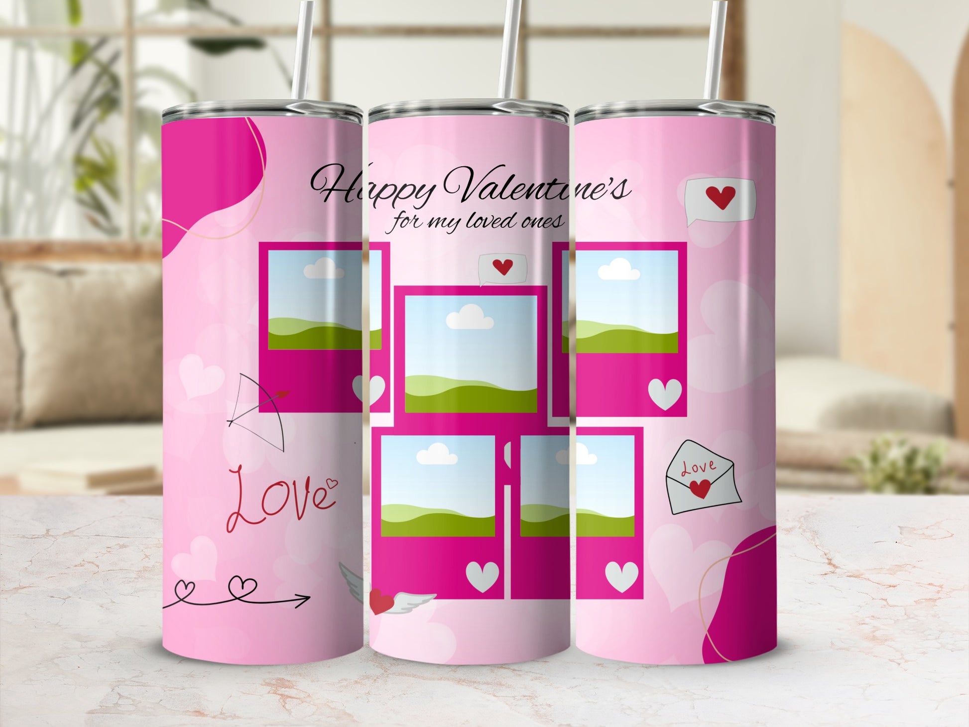 Valentine's Day tumbler with photo frames, hearts, and text.